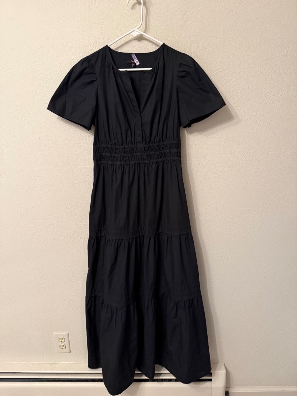 Quince size S 100% Organic Cotton Tiered Maxi Dress Black Short Sleeve Minimal
